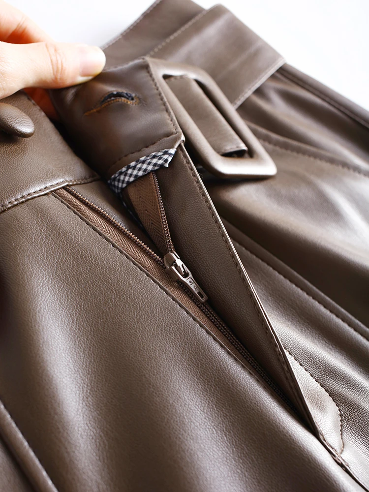 خريف شتاء NewHigh حزام خصر فضفاض عادية الكاحل طول بنطلون المرأة موضة بولي Leather الجلود تنوعا مستقيم الساق السراويل #5