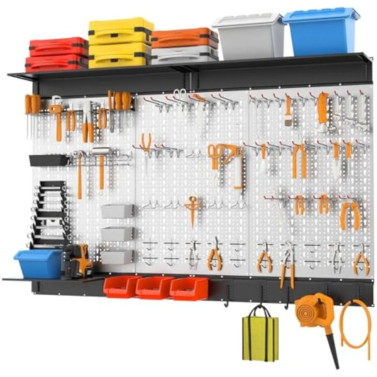 Pegboard Wall Tool Organization System 48x24 Inch Steel Panel Set with 110 Hooks and Mounting Hardware Grey Finish Heavy-Duty Po