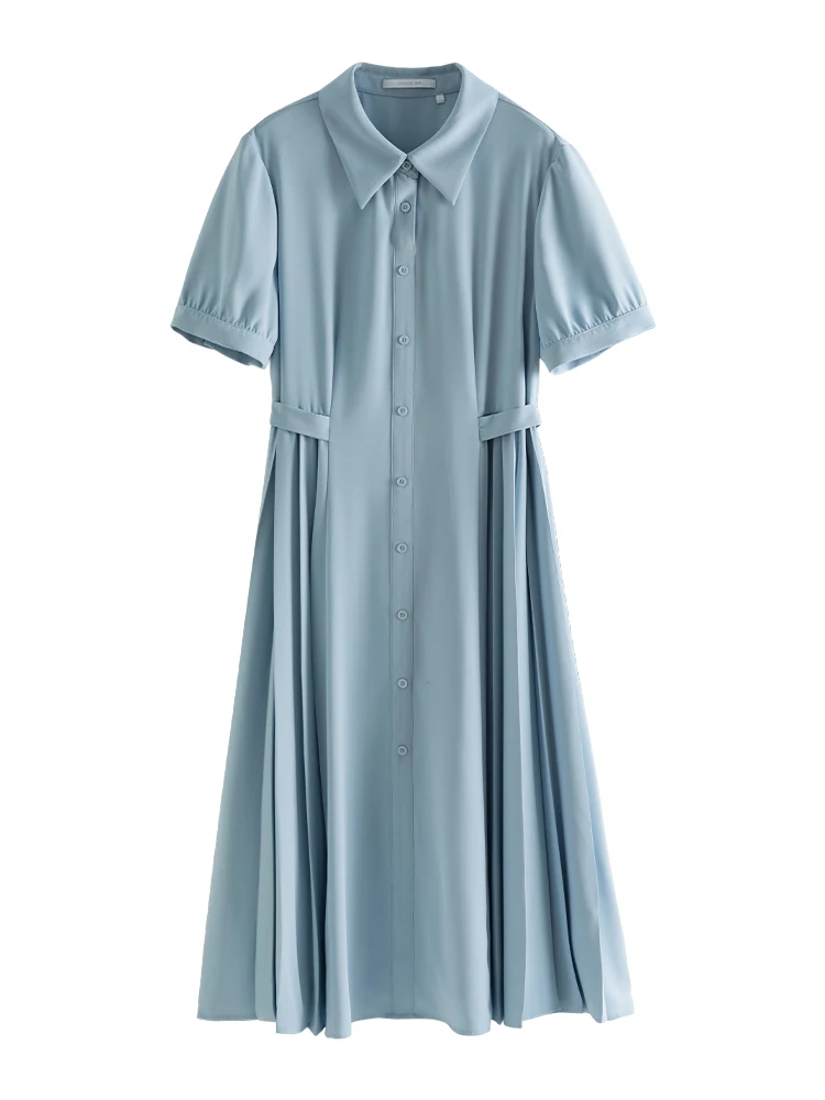 DUSHU-Robe chemise longue taille haute pour femme, tenue de bureau, pour la présidence, couleur unie, nouvelle collection été