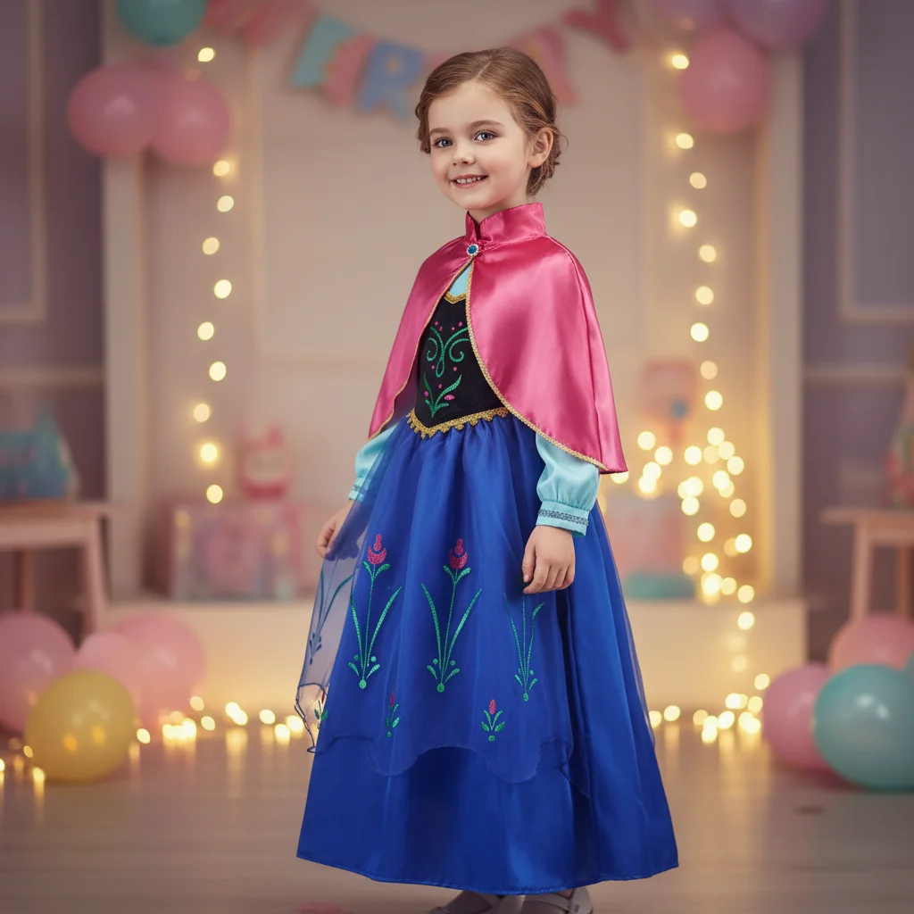 Princess Royal Blue Gown with Silky Cape Floral Soft Lining Tulle Skirt Birthday Gift for Girls Carnival Holiday Party Outfit