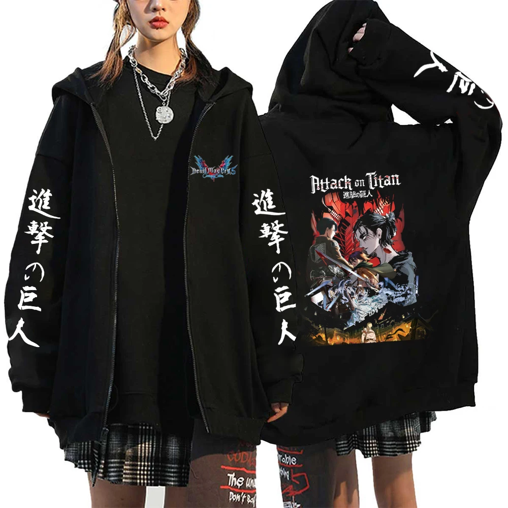 Anime Attack On Titan Men Women Zip Hoodies Yeager Eren Printed Hooded Plus Size Sweatshirt Harajuku Winter Warm Pullover