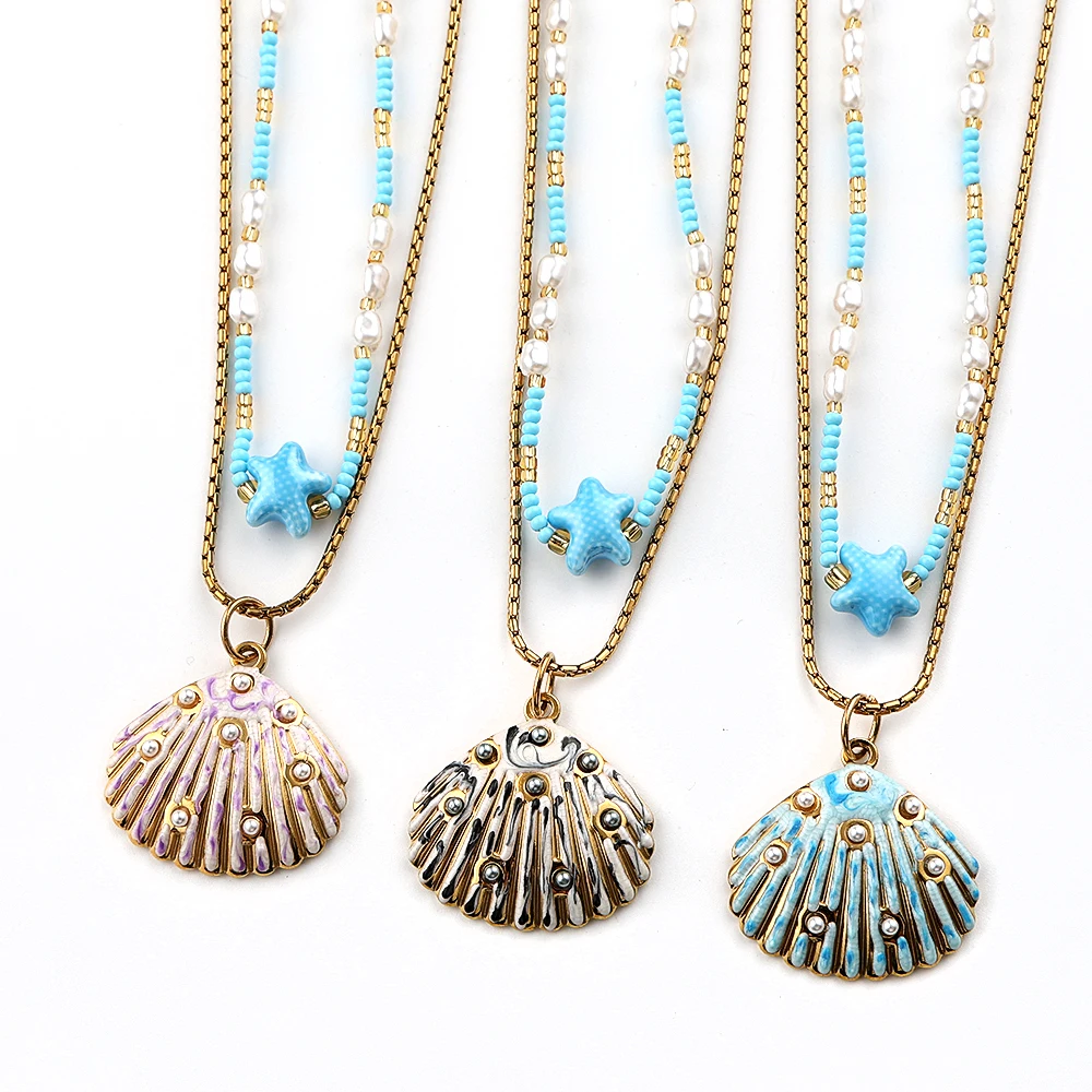

Bohemian Double-layer Stainless Steel Shell Starfish Pendant Choker Necklace For Women Summer Ocean Glass Beaded Chain Jewelry