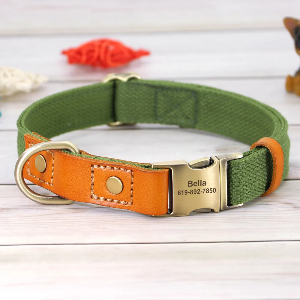 Personalized Nylon Dog Collar Durable Real Leather Customized ID Collars Free Engraved Adjustable for Small Medium Large Dogs