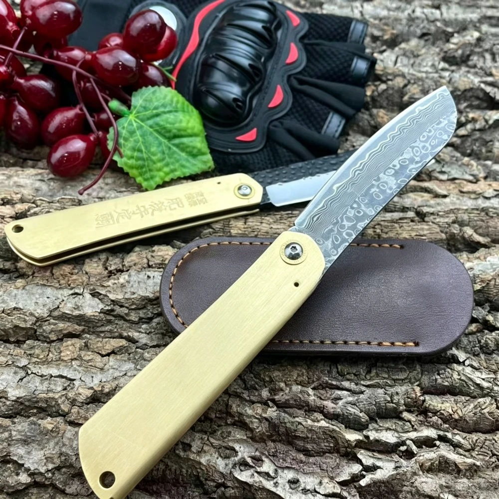 Outdoor Camping Folding Pocket Knife Damascus Pattern Blade Brass Handle Portable Hunting Utility Cutting Knife