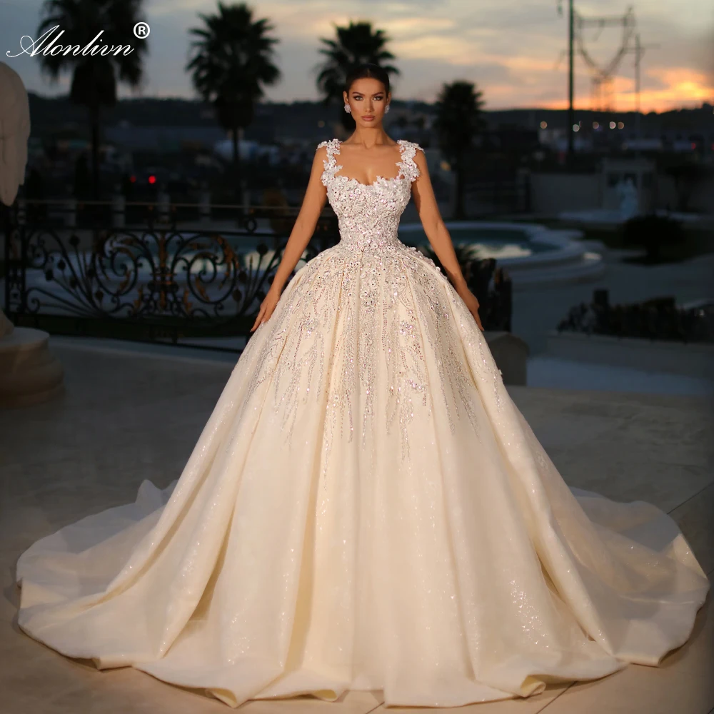 

Alonlivn Custom Made Luxury Beading Crystals Princess Wedding Dress Delicate Sparkly Embroidery Lace Square Collar Bridal Gowns