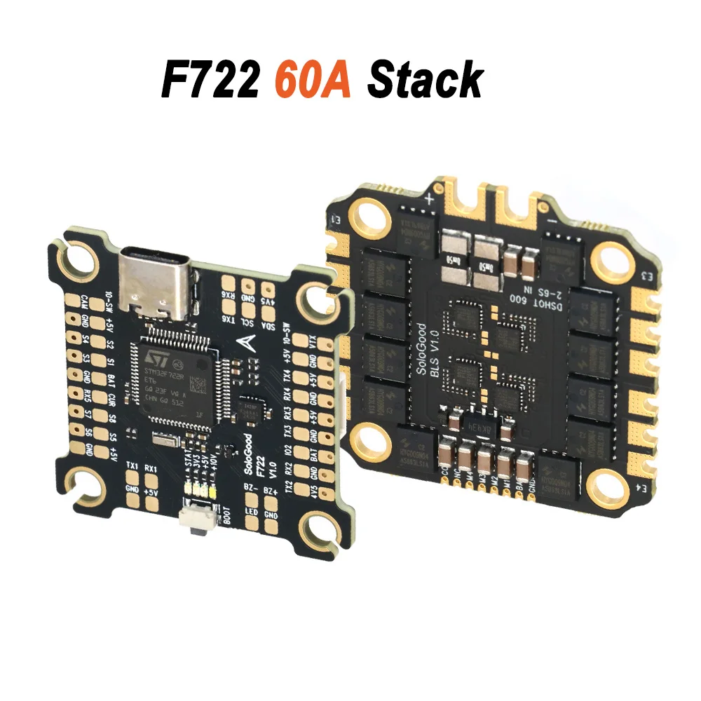 

SoloGood F722 60A Stack ICM42688P F722 Flight Controller BLHELI_S 60A 4in1 ESC 30.5X30.5mm 2-6S for FPV Drone Model
