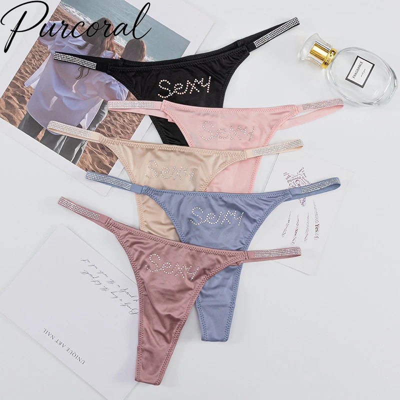 Women Sexy Rhinestone Letter SEXY Thong Panties Thin Diamond Strap Low Waist Smooth Satin G-string Ladies Intimate Underwear