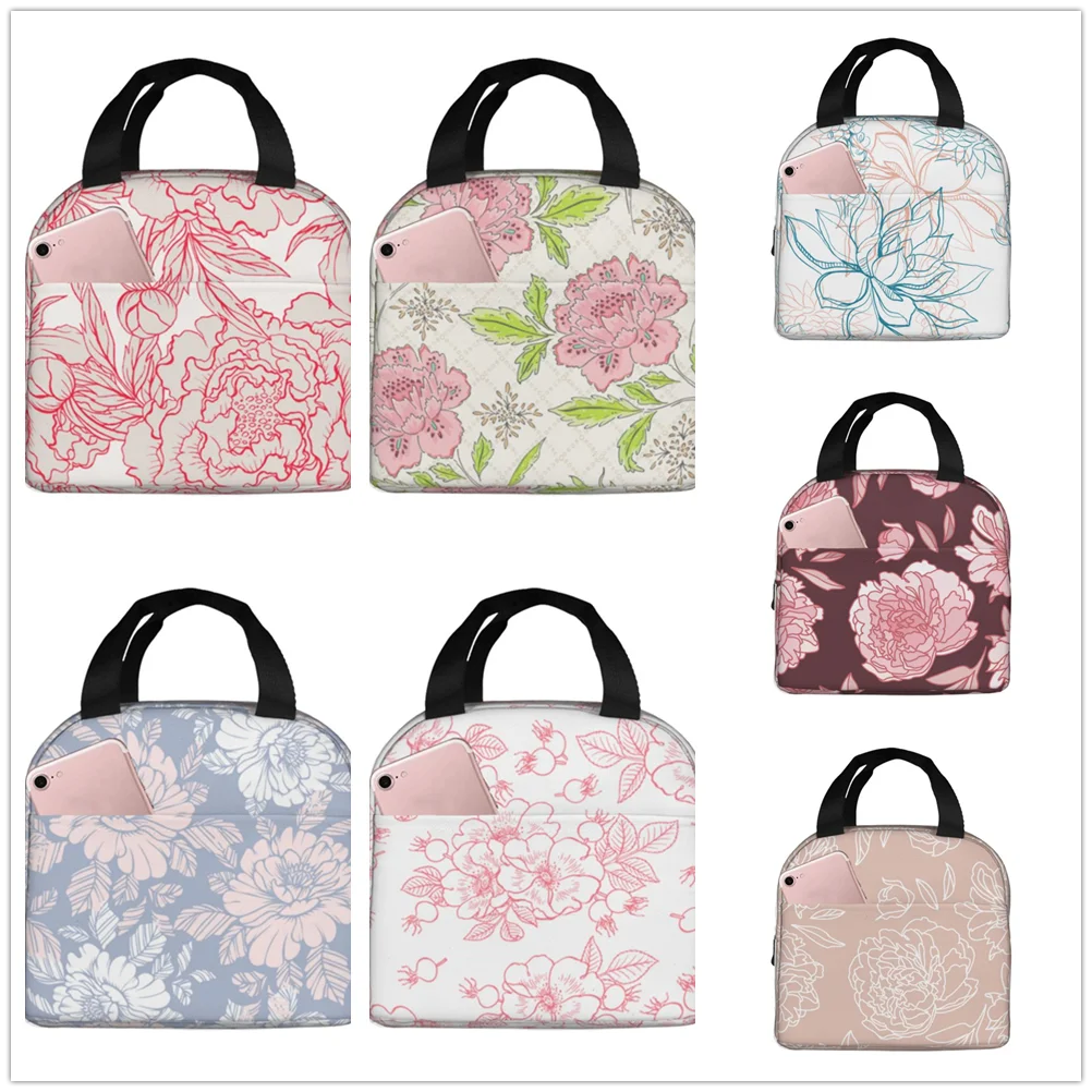 Peony Pattern flowers Insulated Thermal Bag Lunch bag Foods Drink Storage Leakproof Picnic Camping Bags Outdoor Box beach