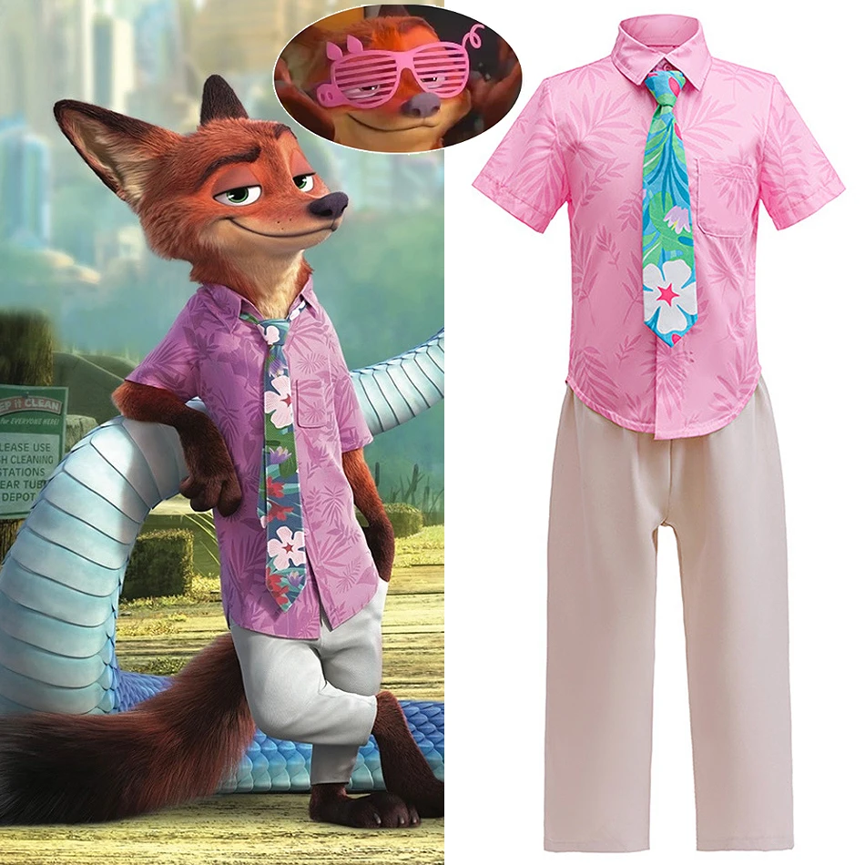 

Disney Zootopia 2, Ник Уайльд, рубашка с короткими рукавами и брюки для косплея, комплект с героями мультфильмов для мальчиков, наряды с лисой, детский сценический костюм на день рождения