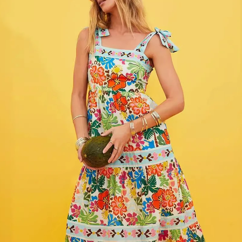 Vestidos de vacaciones plisados con estampado Floral a la moda, vestido largo con tirantes finos de verano, vestido bohemio sin mangas de corte bajo para playa, vestido Sexy