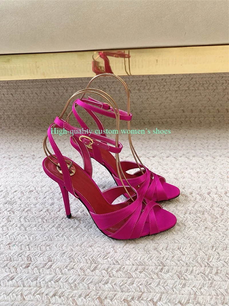 

Rose Red satin Fabric Attire For Luxury Women's Shoes Waterproof Platform Super High Summer Women's Sandals Sell like Hot Cakes