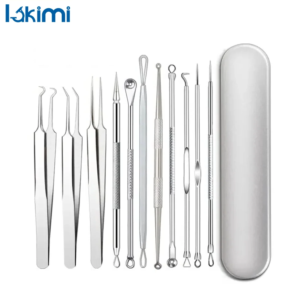 

11 шт. инструменты для ухода за кожей лица — пинцет для вросшего волос, иглы для удаления прыщей и черных точек, очиститель пор для глубокого очищения LA-AA302