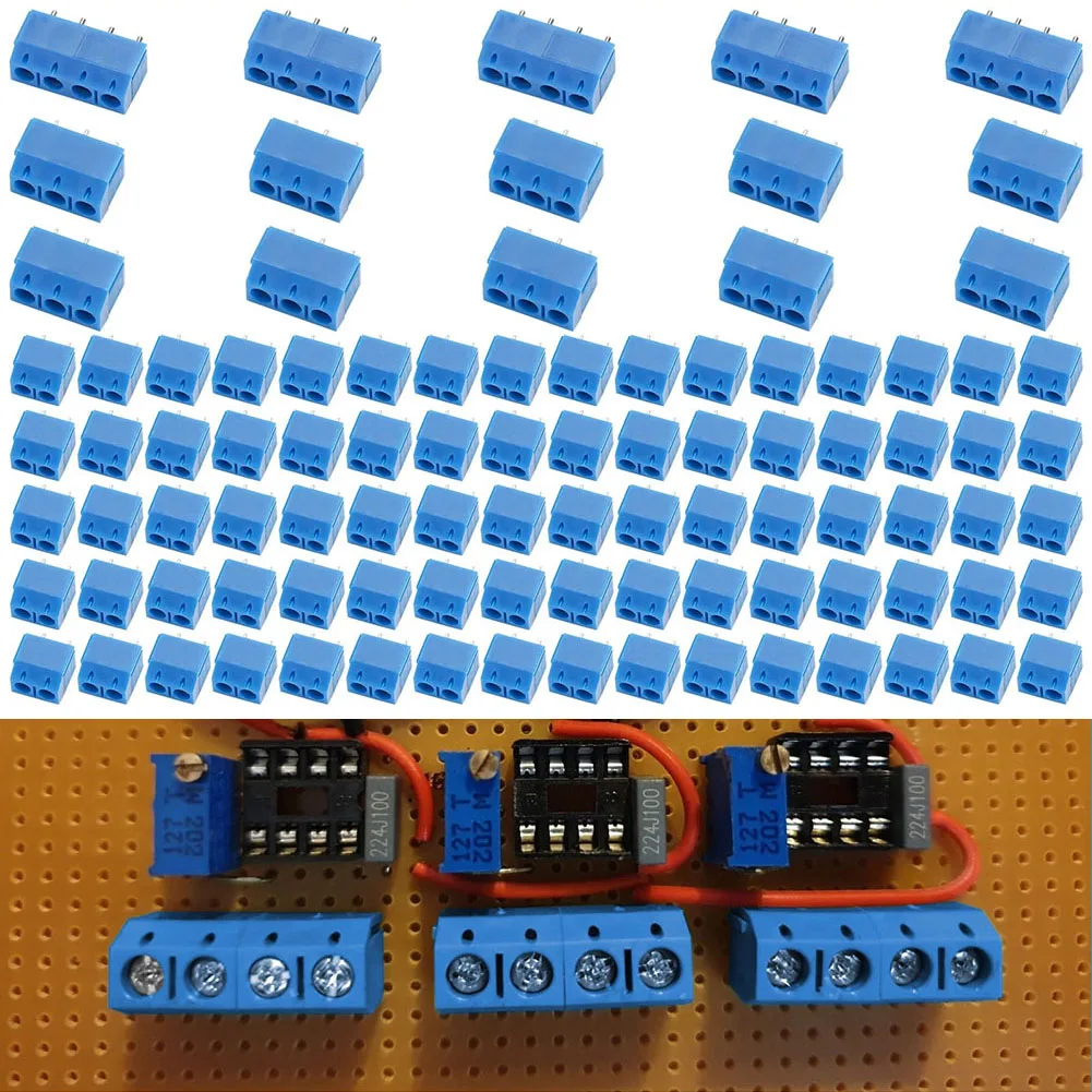 100PCS PCB Mount Screw Terminal Block Connector Kit, 5mm Pitch 2P 3P 4P, Blue PA66 Copper, For Arduino DIY Electronics, 14-22AWG