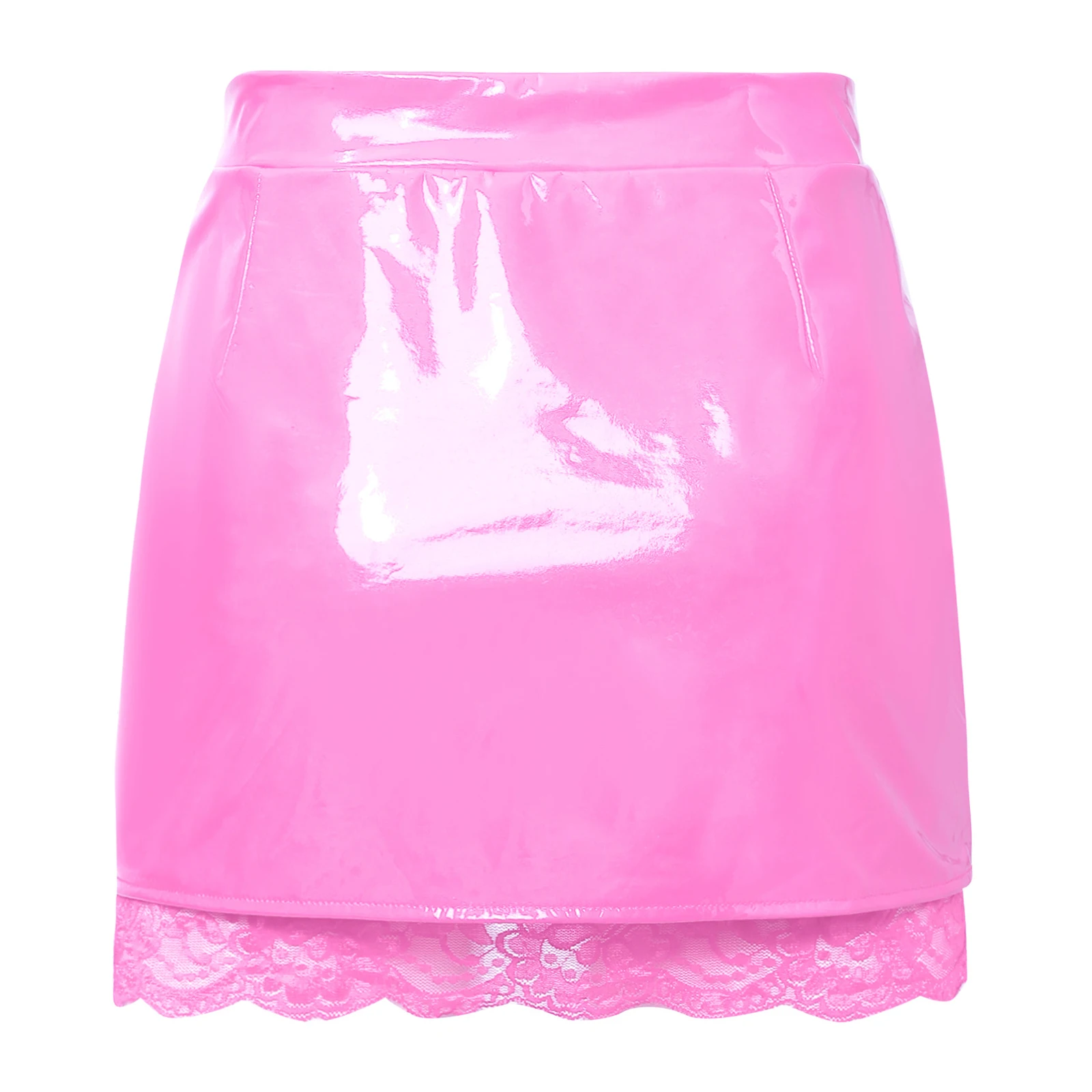 Women High Waist Split Hem Wet Look PU Leather Sheer Lace Bodycon Mini Skirt for Nightclub Rave Party Music Festival Streetwear view 3