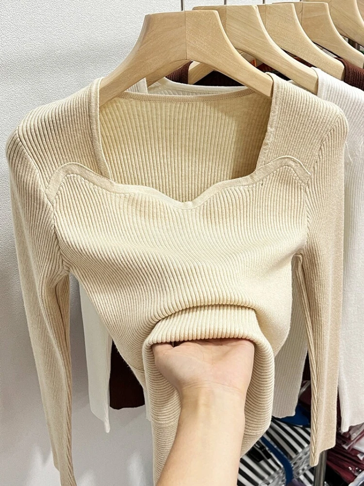 Square Neck Knit Pullover 2026 Autumn Winter Women Sweater Stylish Chic Collarbone‑Accent Design Sweater Long‑Sleeve Inner Top