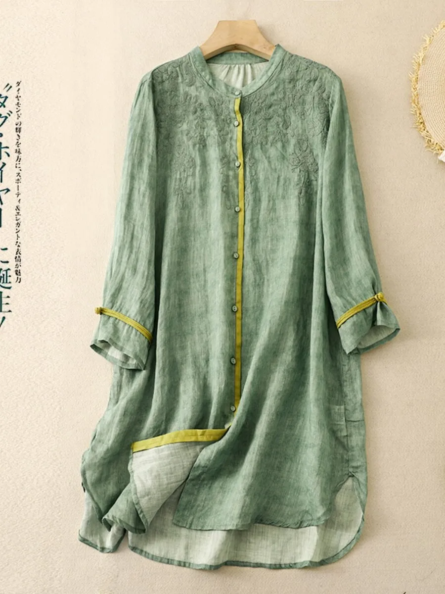 

Retro Embroidered Loose Fit Midi Shirt Women's Half Sleeve Linen Top Breathable Comfortable Vintage Style Button Closure
