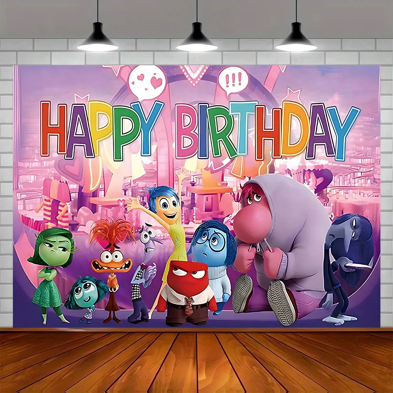 Sfondo colorato di buon compleanno Inside Out · Emotion Character Party DecorDecorazione della camera da letto, decorazione della stanza dei bambini.