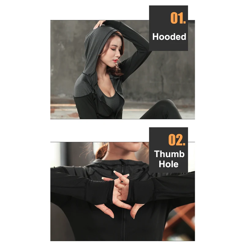 Jaqueta esportiva das mulheres correndo fino ajuste polegar buraco hoodies casual zíper yoga camisas feminino fino ajuste com capuz moletom casaco