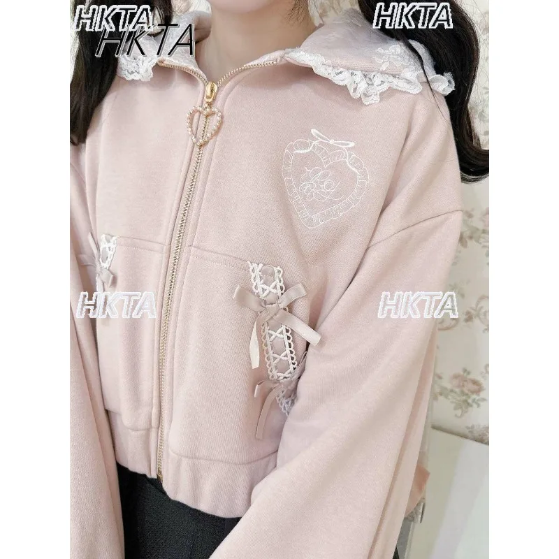 Japanese Sweet Bow Lace Embroidered Hooded Sweatshirts Knitted Jacket Autumn New Kawaii Cute Zipper Long Sleeve Short Coat Women