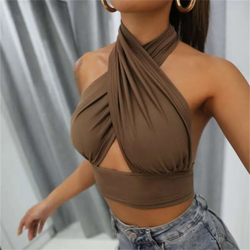 Y2k Tops Cross Halter Bustier Women Tie Up Wrap Tube Tops Backless Slim Fit Cut Out Front Tops 00s Aesthetic Clothing Streetwear