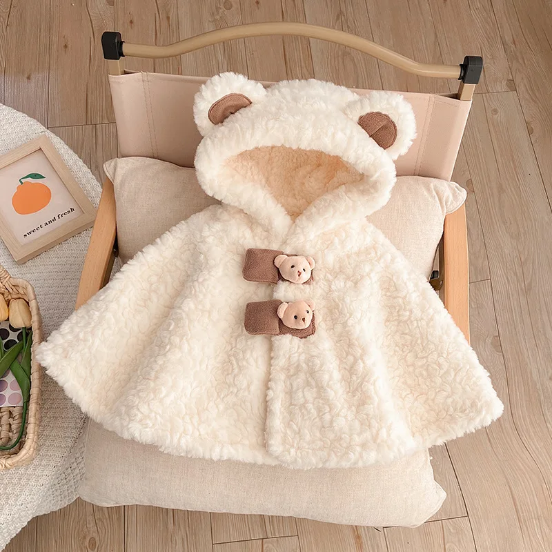 Cute Cartoon Baby Plush Romper Oudoor Winter Outfit for Newborn Furry Fleece-Lined Cotton with Windproof Cloak Toddler Hood