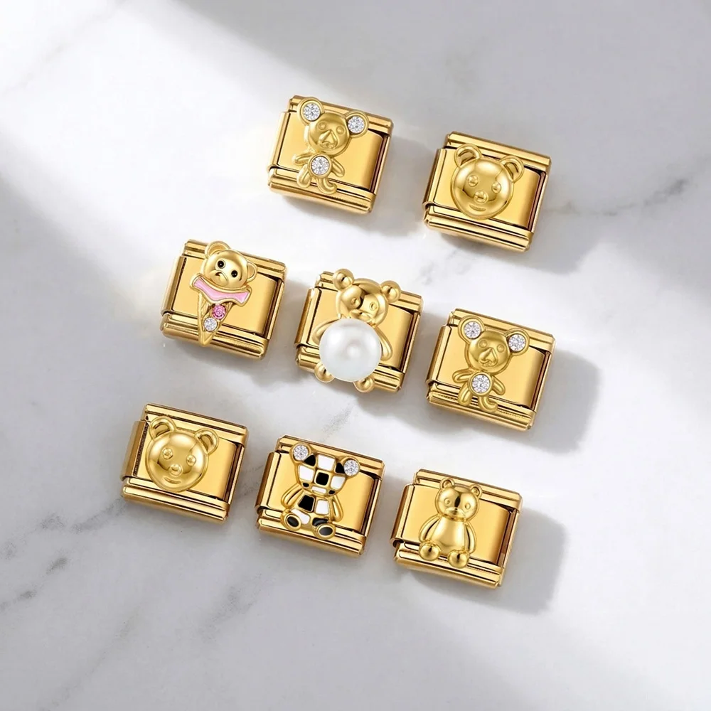 Gold Color Stainless Steel Cute 3D Stereo Pearl Bear Ice Cream Checkerboard Beads DIY Making 9mm Italian Charm Bracelet Jewelry