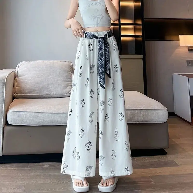 Women's Ethnic Print Wide Leg Pants High Waist Loose Straight Trousers Ice Silk Summer Lightweight Ankle Length