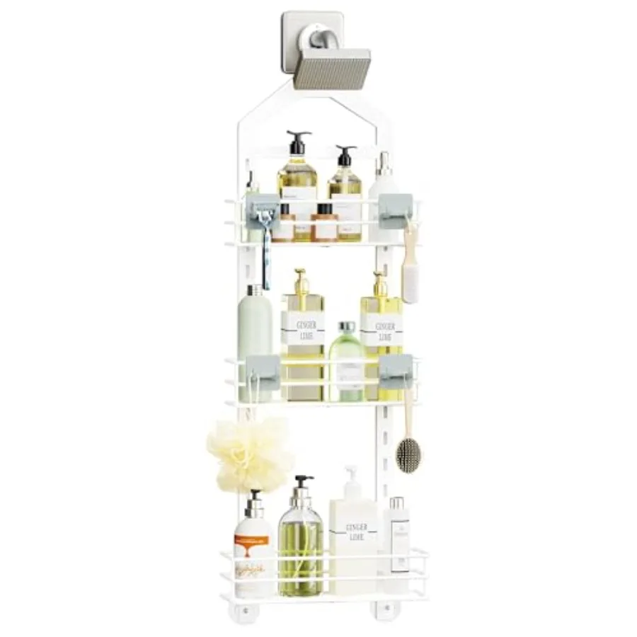 

Adjustable Anti-slip Shower Caddy over Head Rustproof Bathroom Hanging Shower Organizer with 2 Hooks for Razor No Drilling Show
