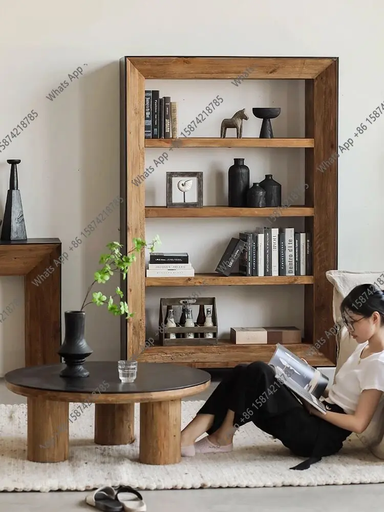 Wabi-sabi color matching solid wood bookcase shelf floor-to-ceiling black style decorative log retro pine bookshelf