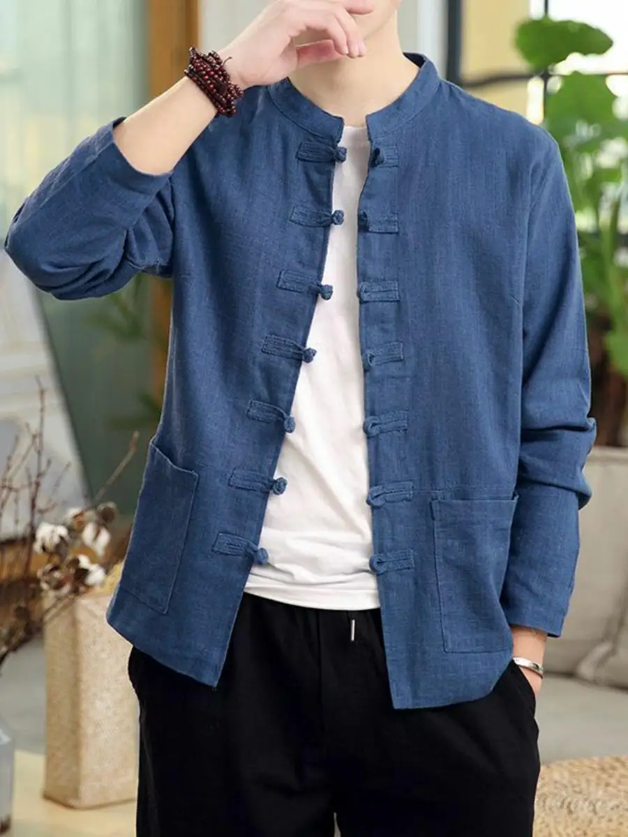 

Spring Autumn New Sle Hanfu Zhongan Coat Cotton Linen Men's Jaet Ancient Chinese Sle Buttoned Tang Costume ort Length
