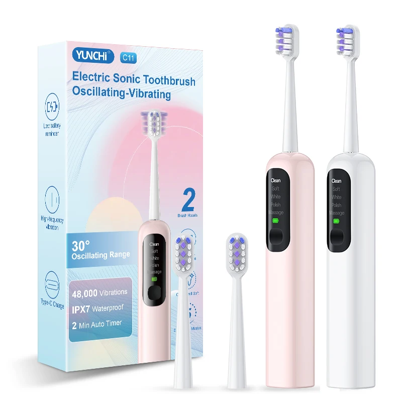 Yunchi Sonic Electric Toothbrush 2000Mah 100 Days Standby 5 Modes Ipx7 Waterproof 30 Degrees Swing Toothbrush with 2 Brush Heads