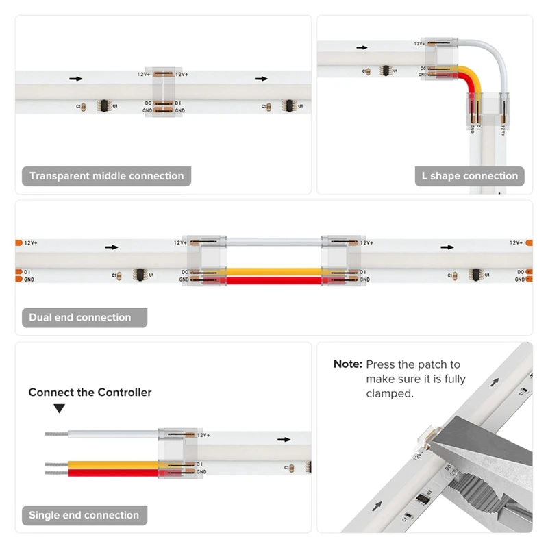 24PCS 3Pins 12Mm Transparent Cover Connector Kits For COB RGBIC LED Strip Transparent Gapless Connectors With Wire