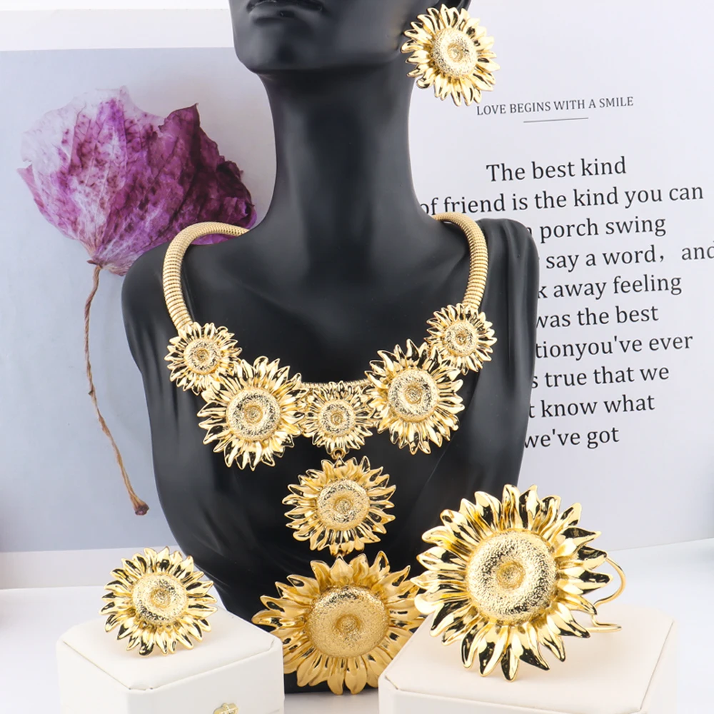 

Dubai Gold Plated Jewelry Set Necklace Earrings Ring Bracelet Non-fading sunflower Jewelry Set Luxury Wedding Jewelry Gift