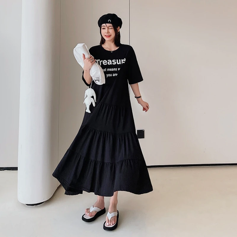 

Oversized Black T-Shirt Long Skirt Midi Dress Summer Plus Size Splice Short Sleeve Female Loose Robe Casual Vestidos Clothing