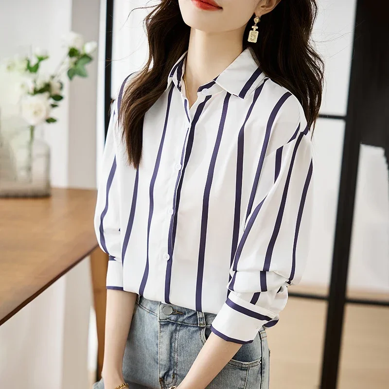 Fashion Long Sleeve Women Shirt Striped Turn Down Collar Chiffon Shirt Blouse Shirts Women Tops Camisas Blusa Blusas Shirts M352