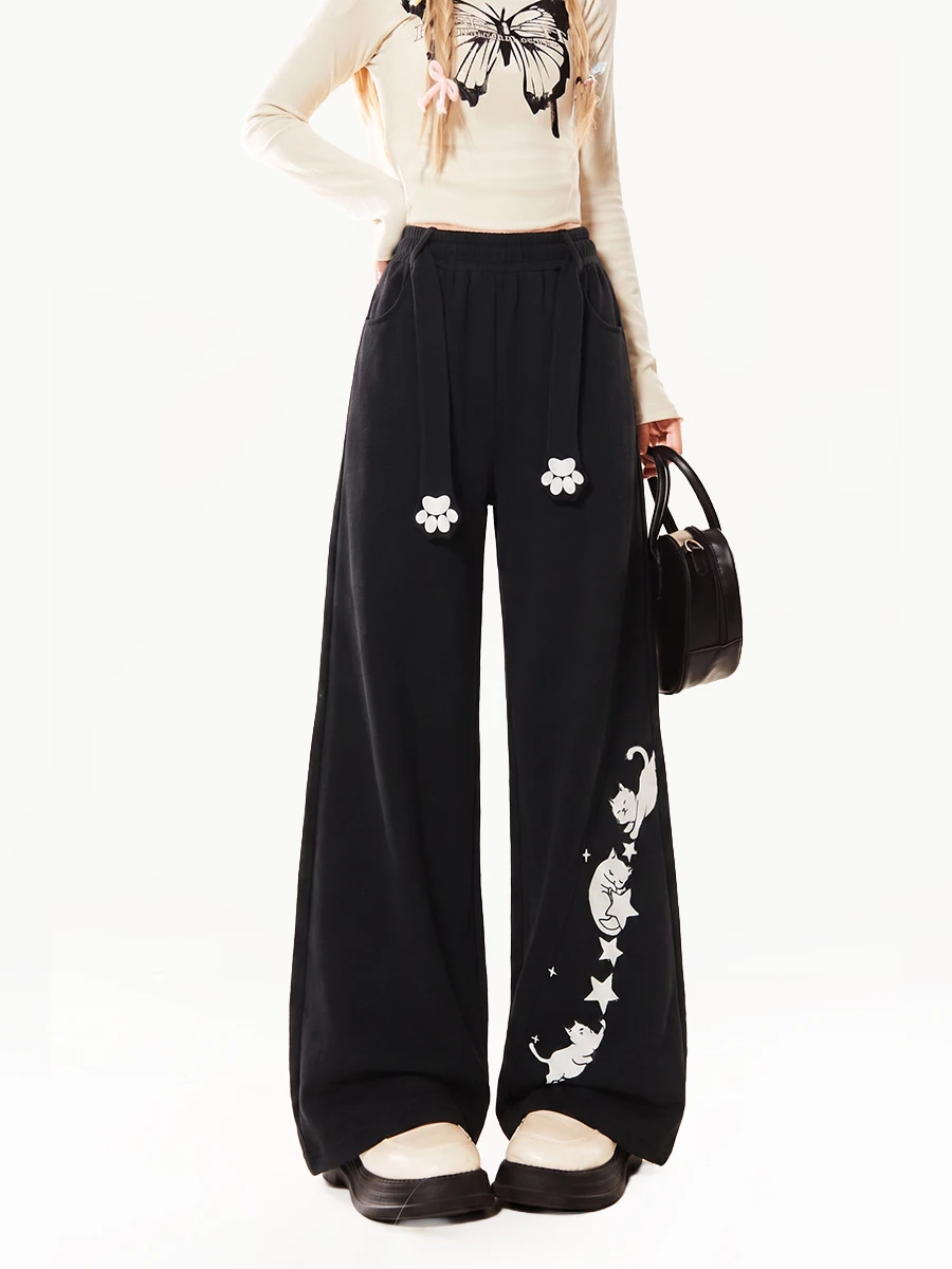 High Waist Wide Leg Pants Women's Loose Fit  Print Casual Long Trousers Autumn New Style Asymmetric Versatile Cotton Blend