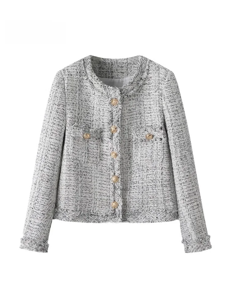 

Etam Fraance Sle Women's Jaet ort Svel Spring Autumn High Faion Small Size Top Buttoned Coarse Tweed Material