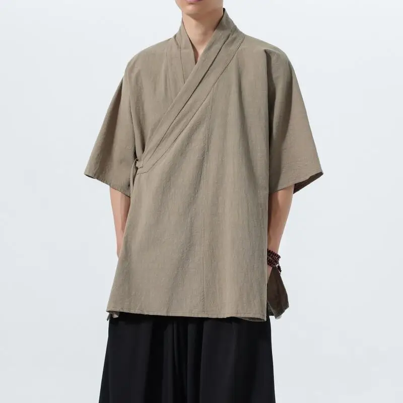 Improved Plus Size 5Xl Hanfu Tops Men Linen-Cotton Summer Kungfu Shirt Casual Exercise Blouse Chinese Style Tang Clothes Outwear