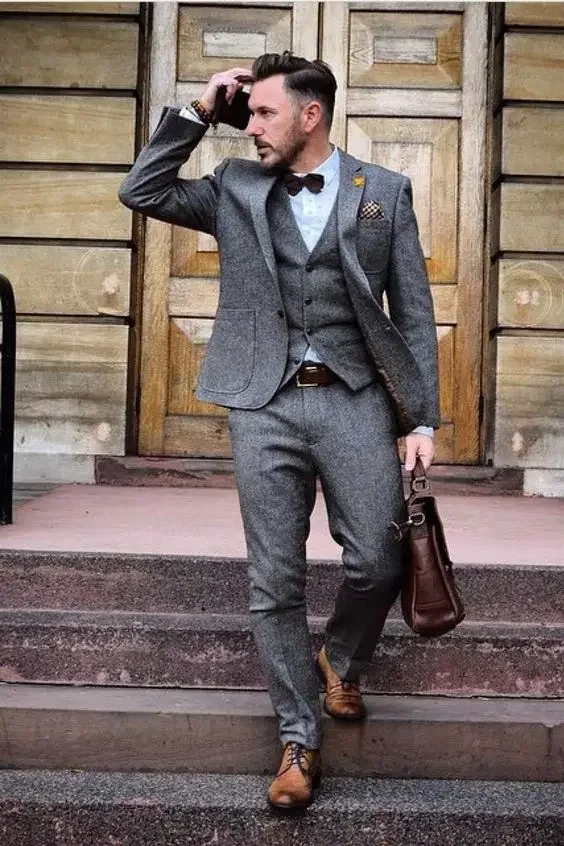 Wysokiej jakości zimowy Grey Tweed męski garnitur Slim Fit 3-częściowy biznesowa marynarka Vintage ciepły smoking na zamówienie bal pan młody Terno Masculino