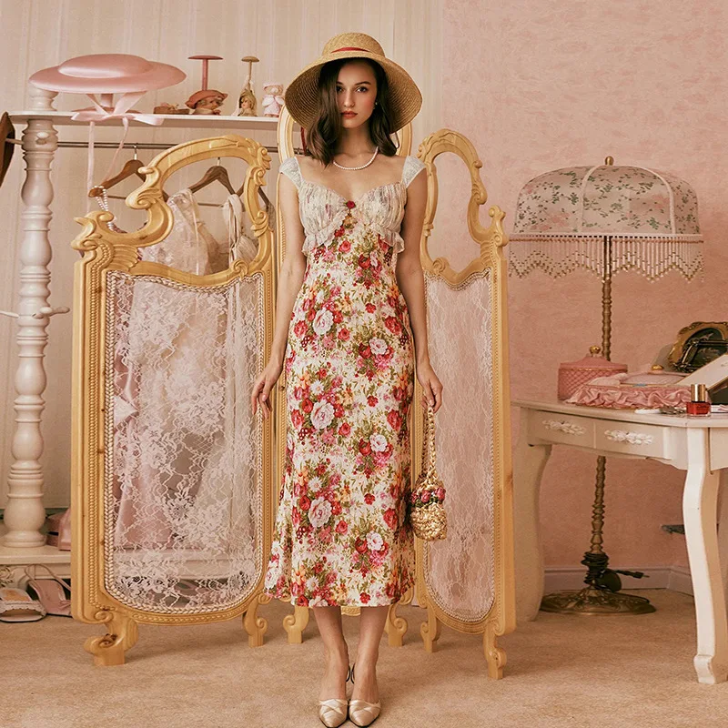 

Women's clothing 2025 summer new retro temperament V-neck lace splicing sexy slim floral dress women