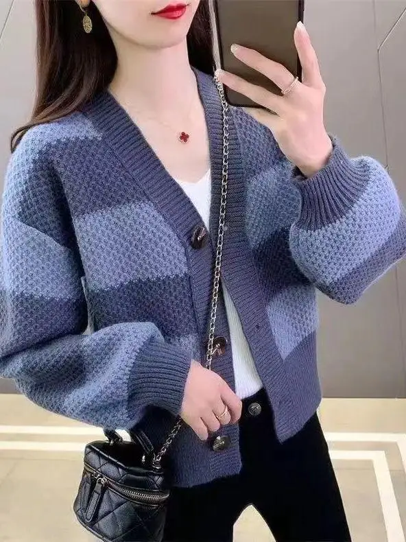 Spring New Women's V-neck Knitted Open Cardigan Stylish Versatile Slimming Classic Plaid Color Block Loose Sweater Coat