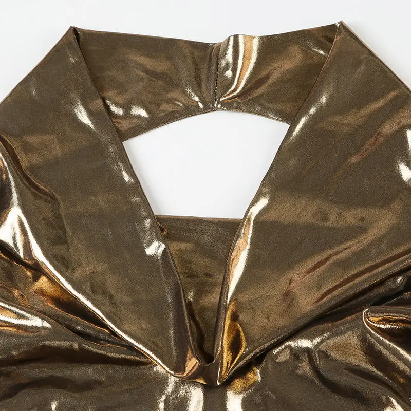 فستان نسائي لامع ترتر رقبة على شكل V ذهبي لامع غمد ترتر فستان ملفوف سباركلي قصير فلوي فضفاض للحفلات الليلية والنوادي