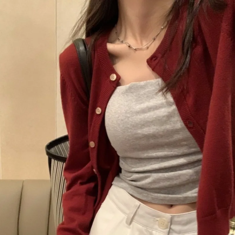 OCEANLOVE Short Cardigans Solid Korean Fashion Spring Autumn Simple Casual Women Sweaters Grey Elegant Chic Sueter De Mujer