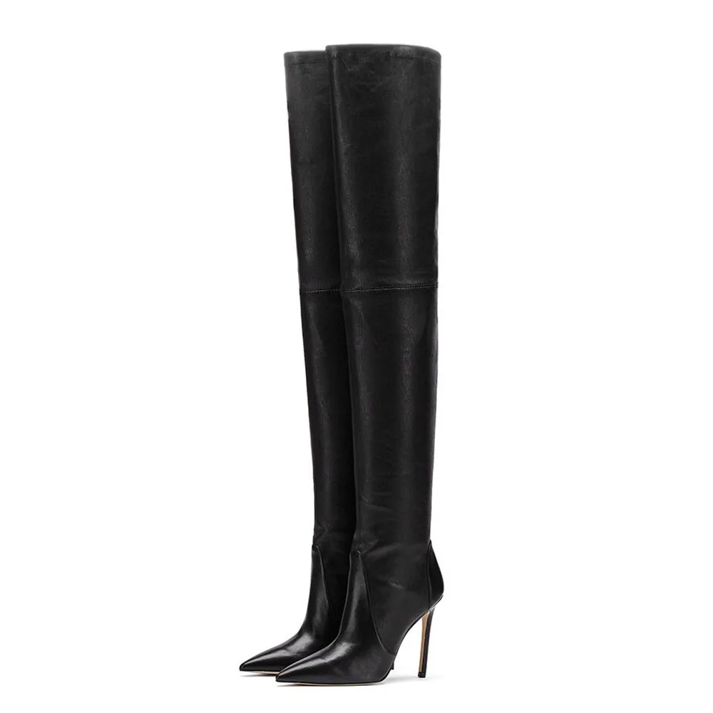 2022 Long Boot Winter Shoes Black PU Pointed Toe Women High Heel Knee High Boots