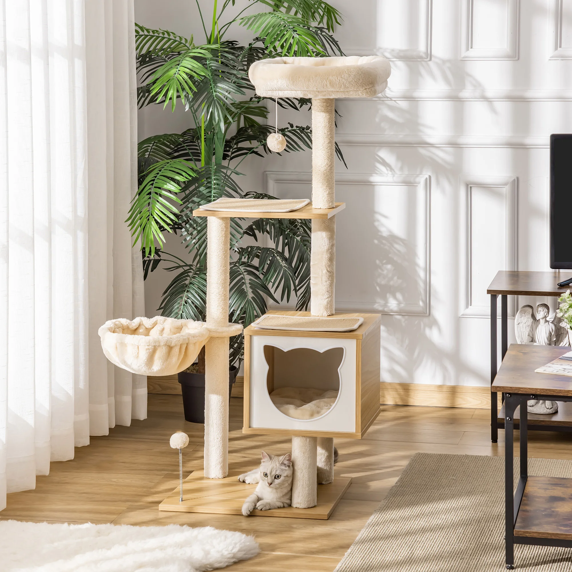PawHut kattenkrabpaal multifunctionele krabbenoppervlakken nis-hangmat mand kussens afneembaar hoogte cm Pluche kort natuurlijk sisal beige