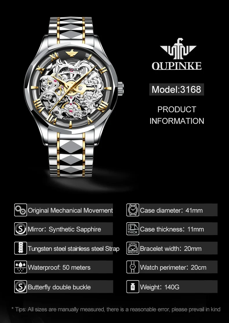 OUPINKE Original Men's Mechanical Watches Gold Skeleton Self Winding Sapphire Crystal Waterproof Tungsten Steel TOP Wristwatch