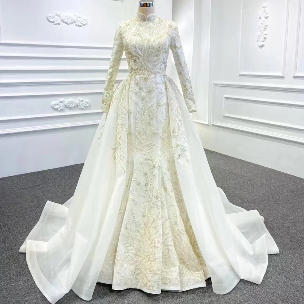 

Muslim Wedding Dress Lace Up Back With Detachable Train Sequined Embroidery Vestido Noiva Feminine Elegant Bridal Gown