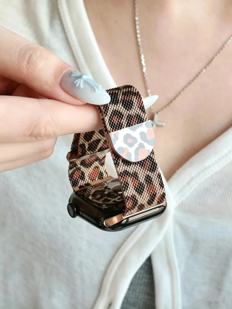 Leopard-print Milanese Metal Watchband for Apple Watch 38/40/41 42/44/45/49 S10/11 42/46mm Magnetic Strap for iWatch 9 8 7 6 5 4