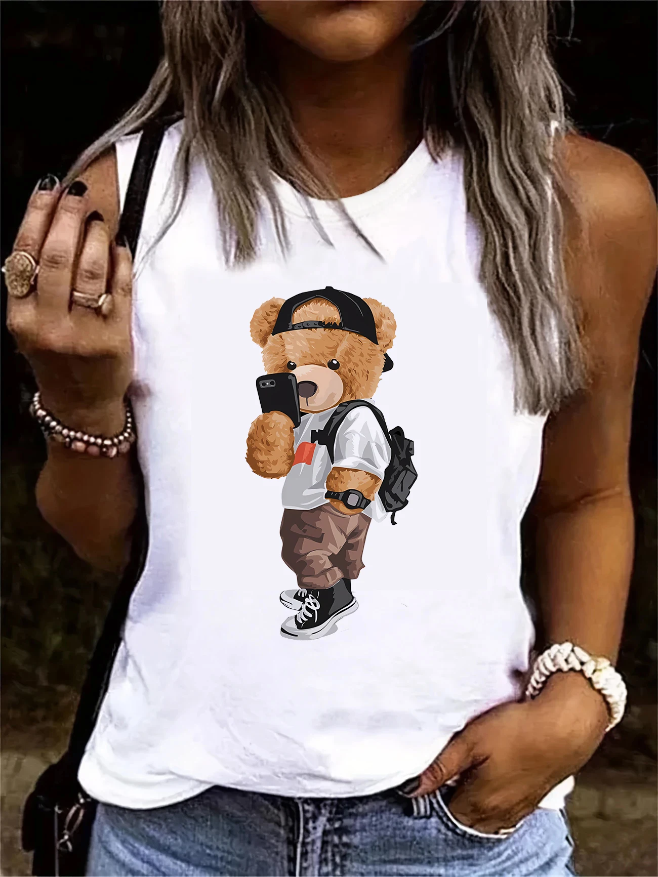 Popular Bear Tshirt Printed Vest T-shirt Print Tank Top Women’s Sleeveless Crew Neck Casual Top Tee