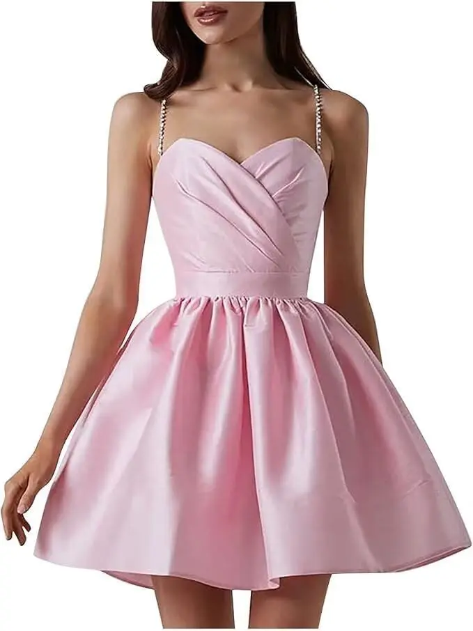 Vestido de fiesta corto con tirantes finos de satén para adolescentes, vestido de cóctel de corte A para invitados de boda por encima de la rodilla, minivestido de fiesta para niñas